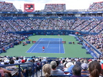 Stefanos Tsitsipas returning the ball to Rafael Nadal in Singles Final on Centre Court August 12, 2018 Rogers Cup Toronto!