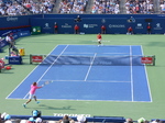 Stefanos Tsitsipas returning forehand to Nadal in Singles Final Rogers Cup August 12, 2018 Toronto