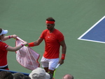 Rafael Nadal on Centre Court getting a towel. Singles final Rogers Cup August 12, 2018 Toronto.