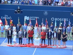 Rogers Cup 2018 Closing Ceremony - Thanks to the Tennis Canada Organizing Committee, Ball Crew and more than 1000 Volunteers: From the left; Karl Hale - Tournament Director, Suzan Rogers - Rogers Communication, Louis Vachon - President of National Bank, Gavin Ziv - Managing Director of Rogers Cup, Derek Rowe - Chairman of the Board Tennis Canada, Lars Graff - ATP Supervisor, Jane and Sara representing Volunteers. Ken Crosina a Master of Ceremonies and Announcer