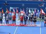 Rogers Cup 2018 Closing Ceremony - Thanks to the Tennis Canada Organizing Committee, Ball Crew and more than 1000 Volunteers: From the left; Karl Hale - Tournament Director, Suzan Rogers - Rogers Communication, Louis Vachon - President of National Bank, Gavin Ziv - Managing Director of Rogers Cup, Derek Rowe - Chairman of the Board Tennis Canada, Lars Graff - ATP Supervisor, Jane and Sara representing Volunteers. Ken Crosina a Master of Ceremonies and Announcer