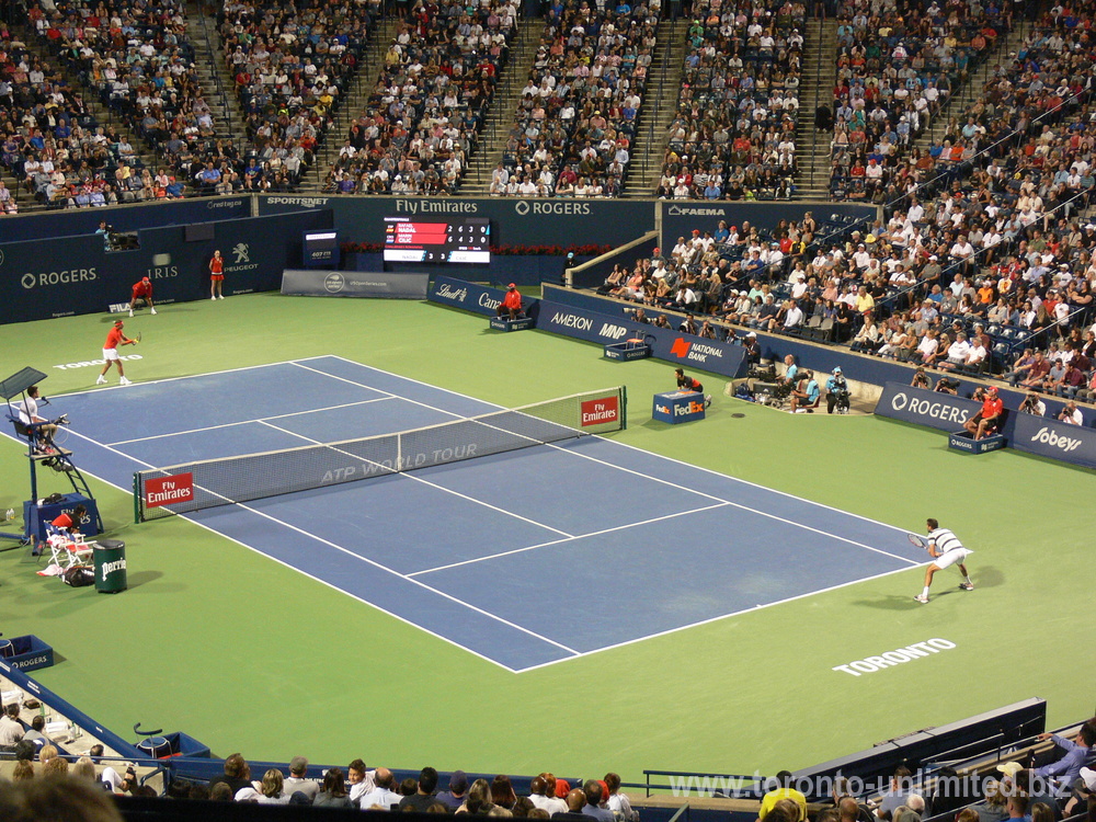 Rafael Nadal serving to Marin Cilic on the Centre Court August 10, 2018 Toronto.