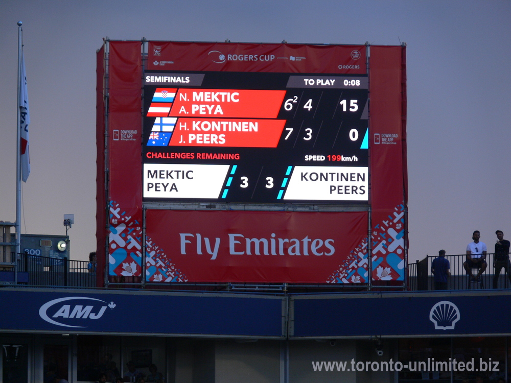The Scoreboard showing doubles semi-final match H. Kontinen with J. Peers Vs. Nikola Mektic with Alexander Peya August 11, 2018 Rogers Cup Toronto!