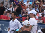 Kevin Anderson (RSA) and Novak Djokovic (SRB) during doubles match August 6, 2018 Rogers Cup Toronto