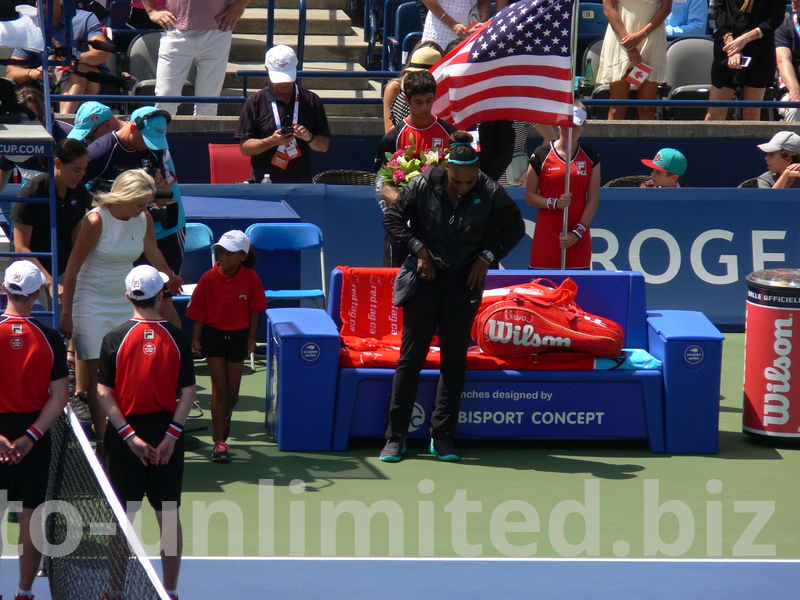 The lady in Black is Serena Williams, awaiting official start of Championship match, Rogers Cup Toronto August 11, 2019   