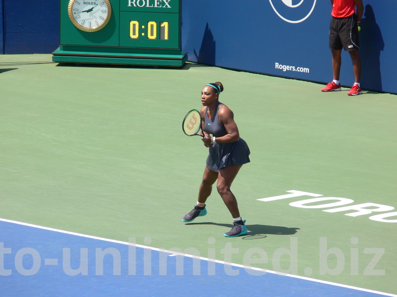 Serena Williams at the baseline of Centre Court, August 1, 2019 Rogers Cup Toronto