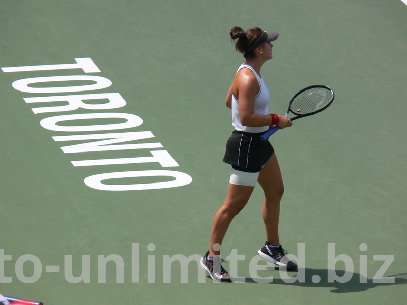 Homegrown Star Bianca Andrescu  and the sign TORONTO on Central Court, August 11, 2019 Rogers Cup Toronto