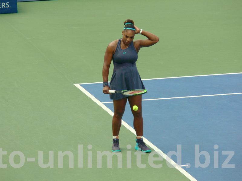 Serena Williams about to serve to Bianca Andrescu during Championship match August 11, 2019 Rogers Cup in Toronto