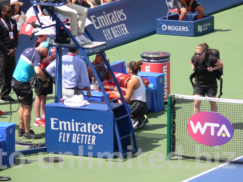 Bianca Andrescu consoling Serena Williams who retired after the four games into the match with baclk spasm. August 11, 2019 Rogers Cup in Toronto.