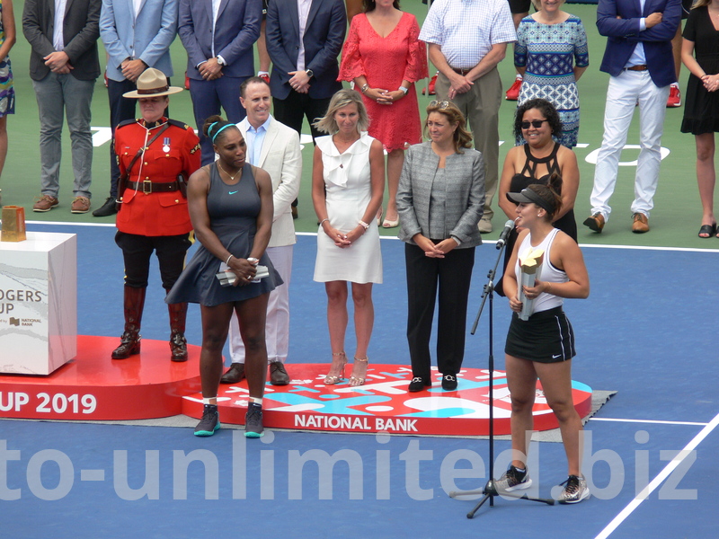 Happy Champion Bianca Andrescu speaking and sharing her thoughts about accoplishments and Rogers Cup, thanking to the organizors, sponsors, ball crews and volunteers, August 11, 2019 Rogers Cup Toronto 