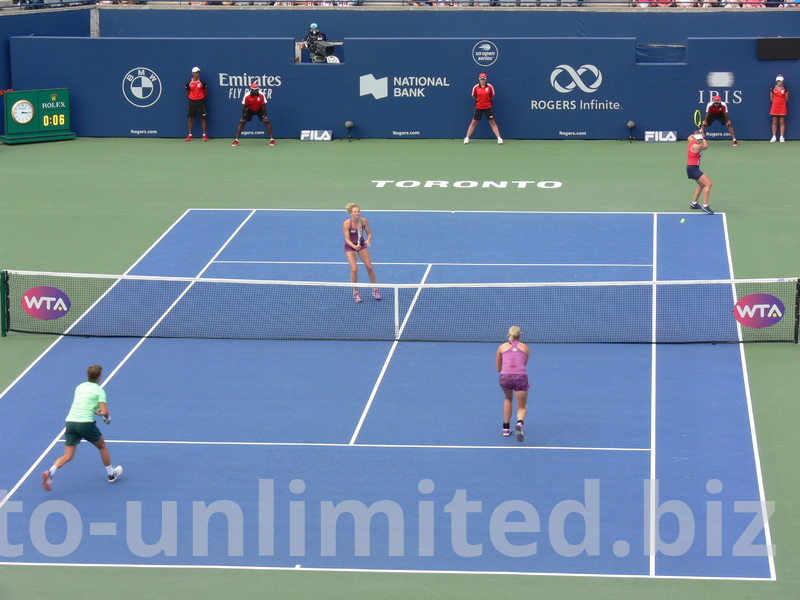 Barbora Krejcikova is returning the serve on the Centre Court in Doubles Final August 11, 2019 Rogers Cup Toronto