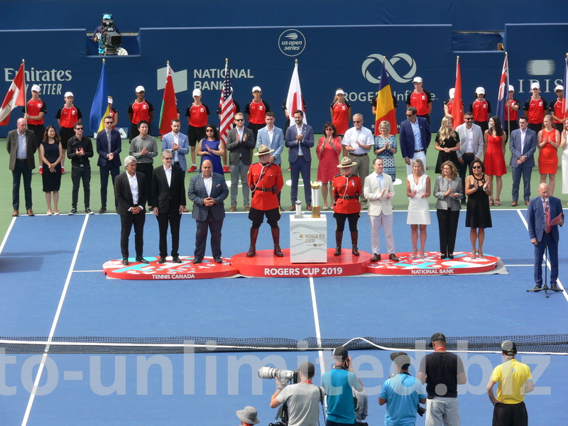 Doubles Trophy presentation with Karl Hale - Tournament Director, Allan Dougles Horn - President and CEO of Rogers Telecommunication,  Tarek Naquib - Vice President of Personal Banking for National Bank, RCMP Officers as Honor Guards,  Gavin Ziv - Managing Director of Rogers Cup, Julia Orlandi - WTA Official and Supervisor and Ken Crosina Master of the Ceremonies and Voice of Rogers Cup  