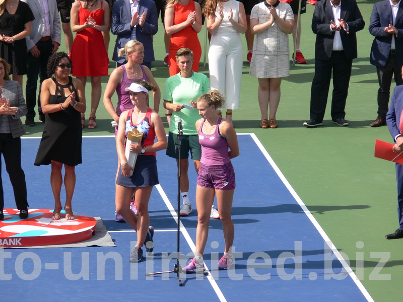 Now, Doubles Champs Krejcikova and Siniakova in front of the microphone, August 11, 2019 Rogers Cup in Toronto