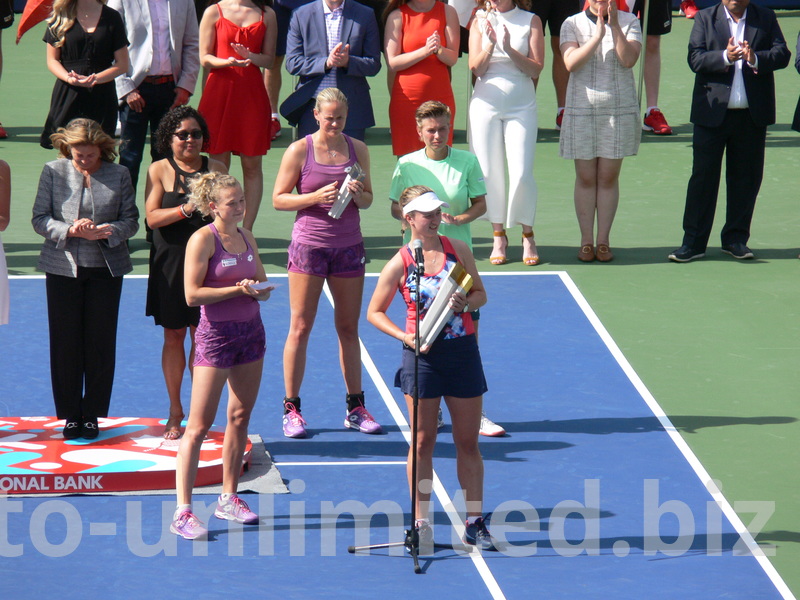 Barbora Krejcikova is holding the Trophy and addressing the crowd for last time at the end of Rogers Cup, August 11, 2019 