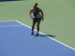 Serena Williams at the baseline returning the backhand to Bianca Andrescu, August 11, 2019 Rogers Cup Toronto
