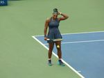 Serena Williams about to serve to Bianca Andrescu during Championship match August 11, 2019 Rogers Cup in Toronto