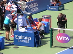 Bianca Andrescu consoling Serena Williams who retired after the four games into the match with back spasm. August 11, 2019 Rogers Cup in Toronto.