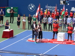 Serena Williams is receiving the runners-up Trophy from Lucie Blanchet of National Bank, August 11, 2019 Rogers Cup