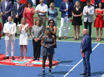 Serena Williams is talking and explaining her loss to Toronto's audience, August 11, 2019 Rogers Cup 