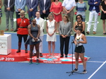 Happy Champion Bianca Andrescu speaking and sharing her thoughts about accoplishments and Rogers Cup, thanking to the organizors, sponsors, ball crews and volunteers, August 11, 2019 Rogers Cup Toronto 