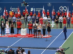 Champion Bianca Andrescu and Finalist Serena Williams side by side in front of organizing committee at Rogers Cup, August 11, 2019