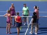 Start od Doubles Final between Barbora Krajcikova and Katerina Siniakova, Czechs in front and Anna-Lena Groenefeld, GER with Demi Schuurs NED standing behind the Net, August 11, 2019 Rogers Cup Toronto 