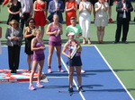 Barbora Krejcikova is holding the Trophy and addressing the crowd for last time at the end of Rogers Cup, August 11, 2019 