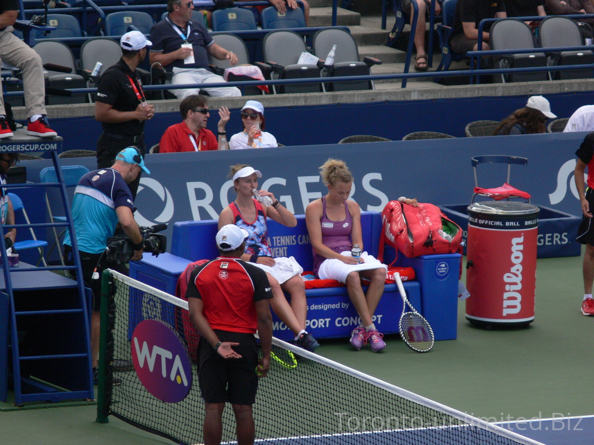 Barbora Krejcikova and Katerina Siniakova during changeover, doubles semifinal match Rogers Cup 2019