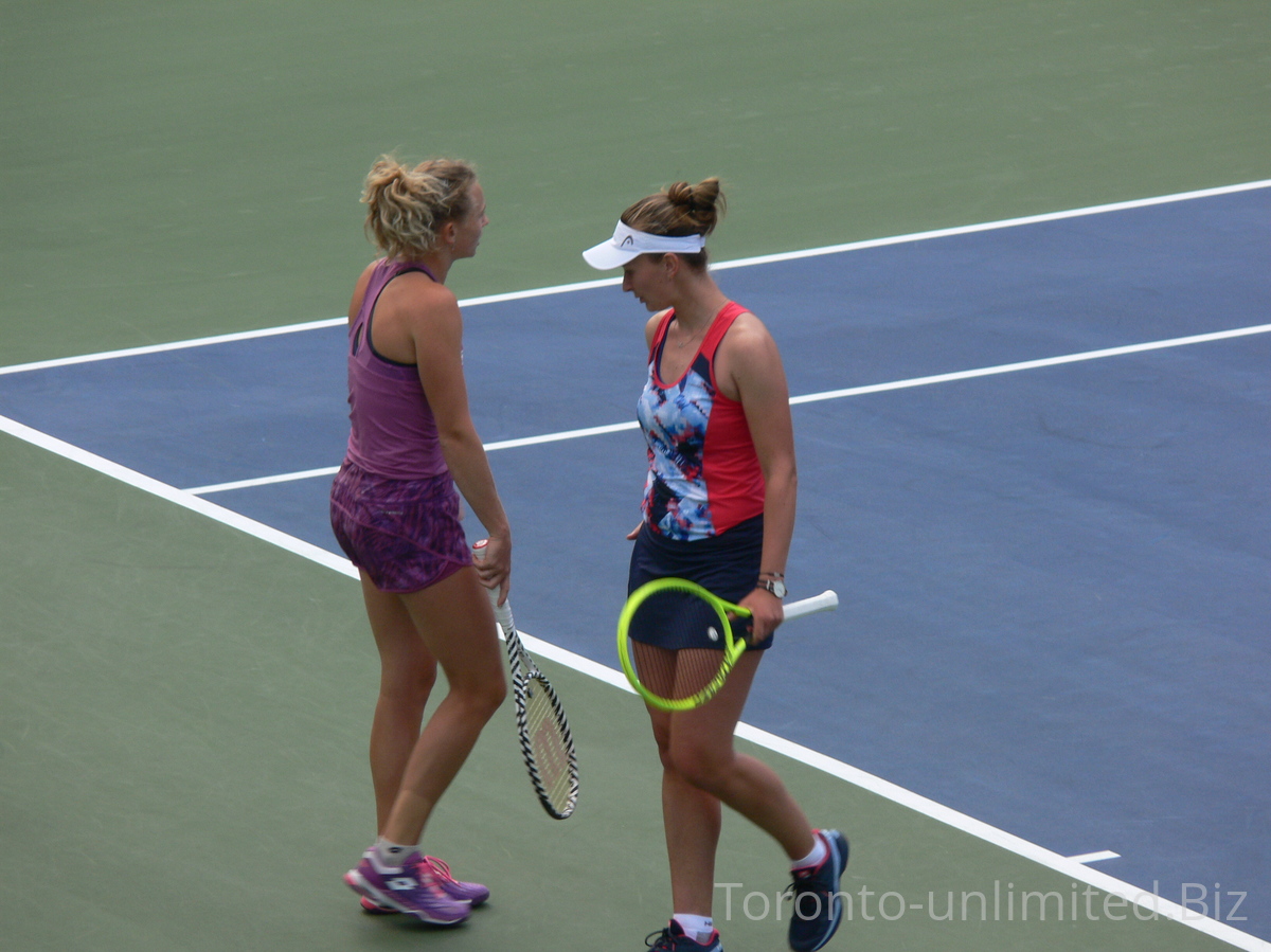 Making game-plan. Siniakova and Krejcikova, August 10, 2019 Rogers Cup Toronto