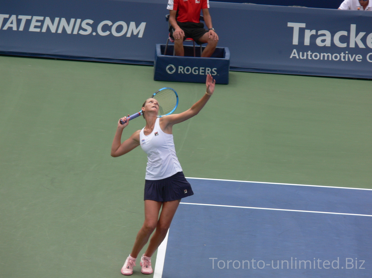 Karolina Pliskova serving on Centre Court to Bianca Andrescu in quartefinal match August 9, 2019 Rogers Cup Toronto