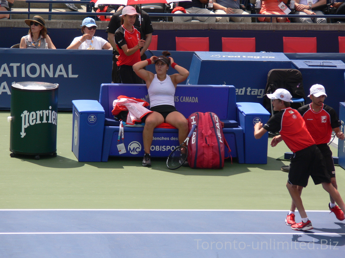 Relaxed Bianca Andrescu during changeover August 9, 2019 Rogers Cup in Toronto