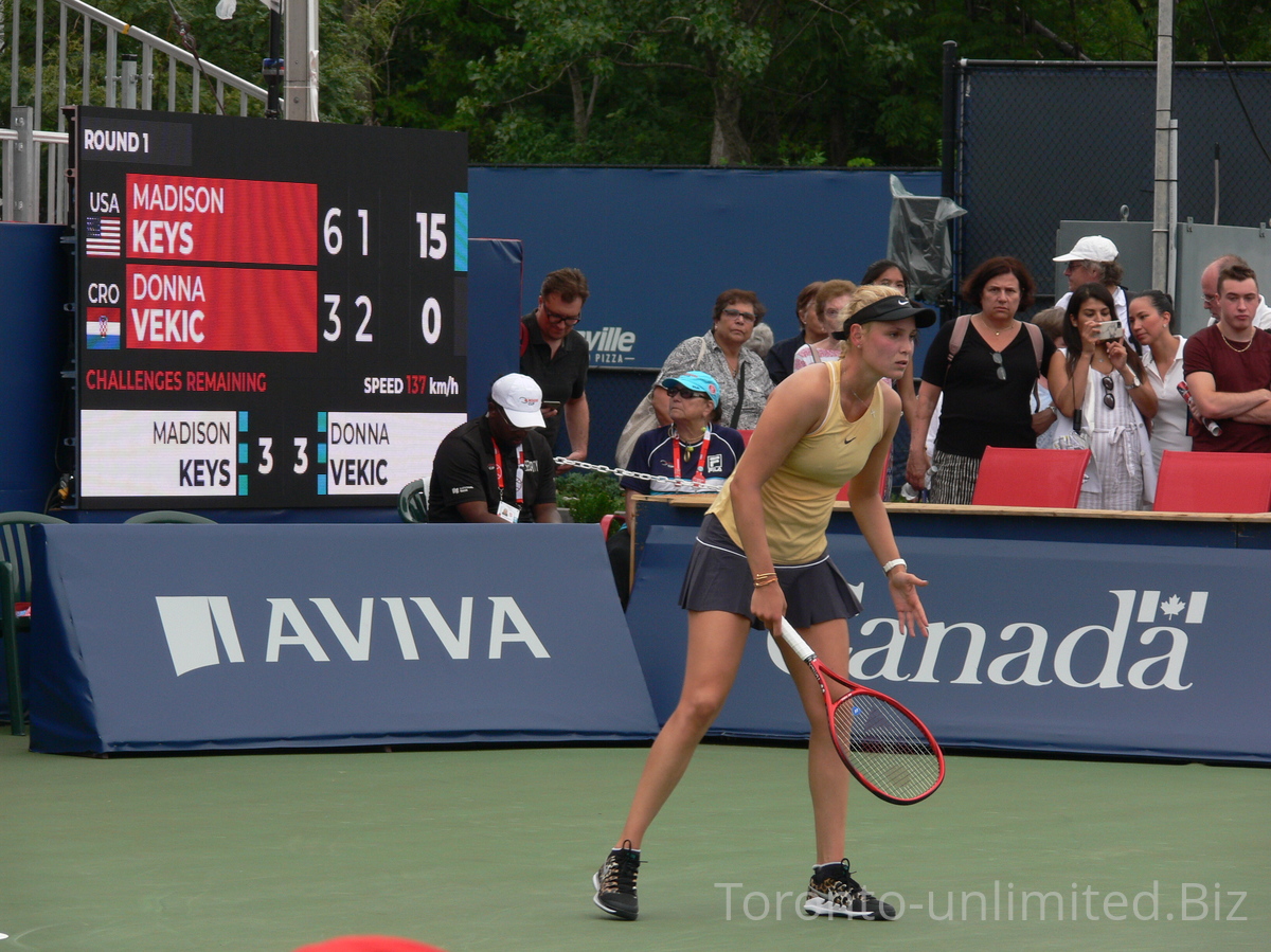Donna Vekic, Croatia playing Madison Keys USA in qualifying match for Rogers Cup August 3, 2019 in Toronto