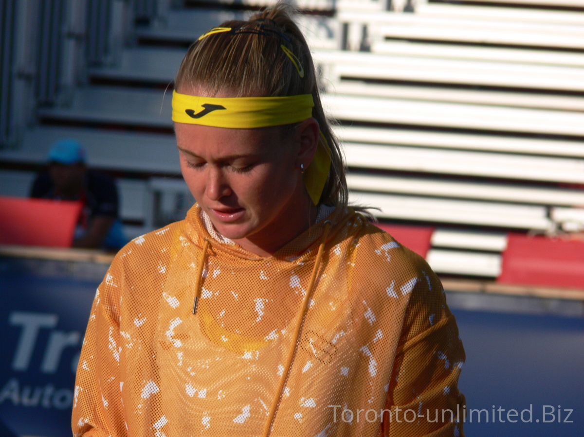 Marie Bouzkova of Czech Rep during warm up on Grandstand Court August 8, 2019 Rogers Cup in Toronto