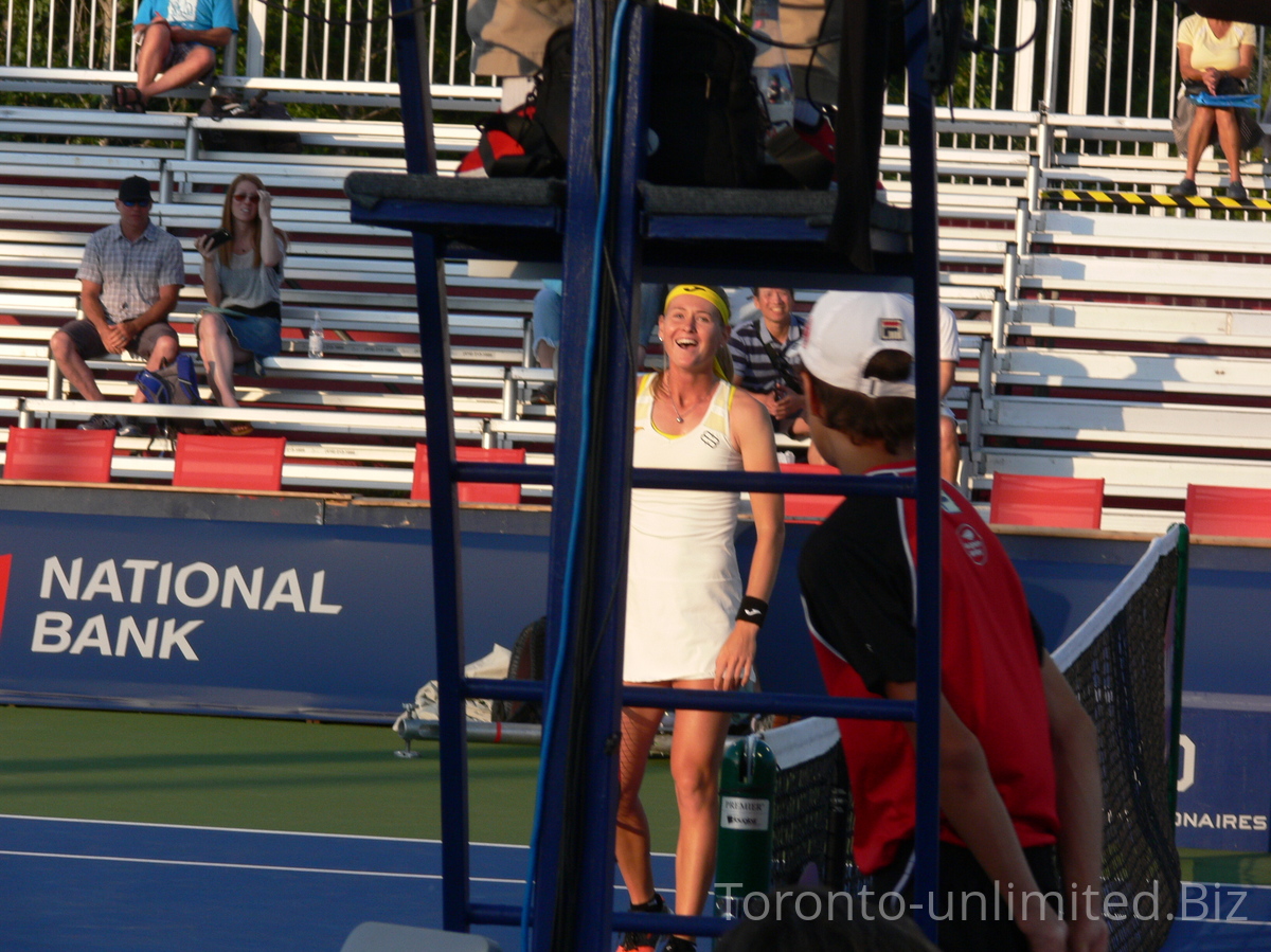 Marie Bouzkova talking to the Umpire on Grandstand, August 8, 2019 Rogers Cup Toronto