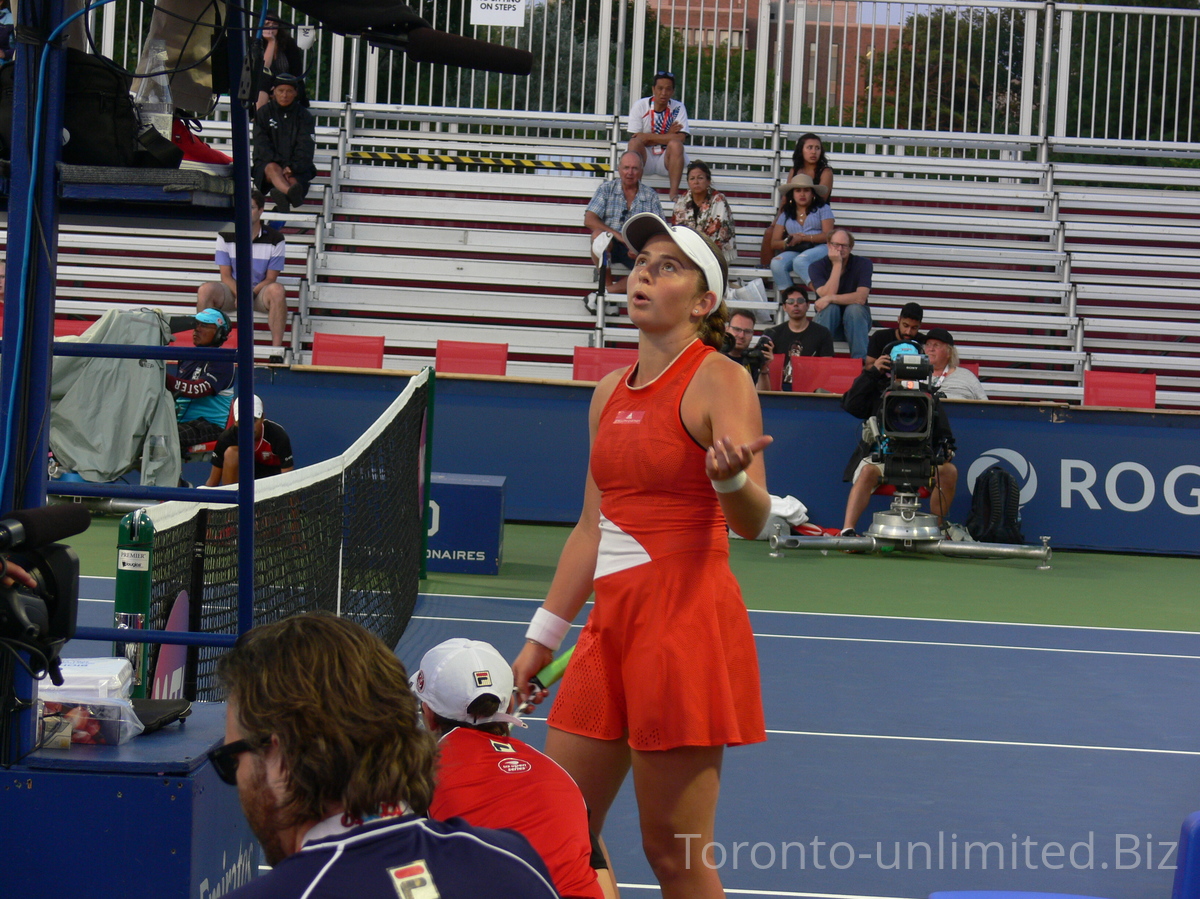 Jelena Ostapenko talking to the Umpire, Grandstand Court August 8, 2019 Rogers Cup Toronto