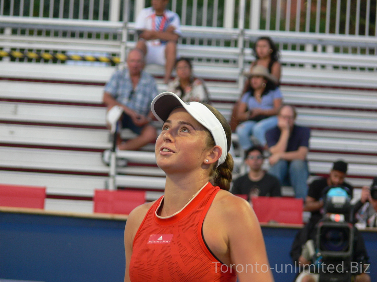 Jelena Ostapenko still smiling and talking. Grandstand Court, August 8, 2019 Rogers Cup Toronto
