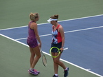 Making game-plan. Siniakova and Krejcikova, August 10, 2019 Rogers Cup Toronto