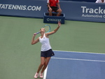 Karolina Pliskova serving on Centre Court to Bianca Andrescu in quartefinal match August 9, 2019 Rogers Cup Toronto