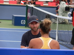 Madison Keys during changeover in talk with her coach. August 3, 2019 qualifying match for Rogers Cup