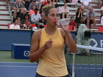 Madison Keys with water bottle during changeover, August 3, 2019 qualifying for Rogers Cup Toronto