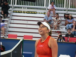 Smiling Jelena Ostapenko talking to Umpire on Grandstand, August 8, 2019 Rogers Cup Toronto