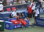 Visibly tired Serena Williams is resting. Semifinal match at Rogers Cup August 10, 2019 Toronto