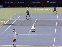 Nestor serving in Rogers Cup 2008, Doubles Finals.