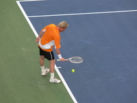 Famous Boris Becker of Germany playing exhibition match.